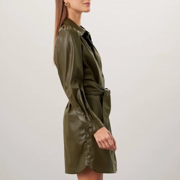 Peter Som Olive Green Faux Leather Mini Shirt Dress SIze 12 Career Designer $355 - Picture 2 of 13